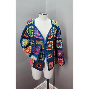 70s Vintage Handmade Granny Square Cardigan w/ Bell Sleeves - XL